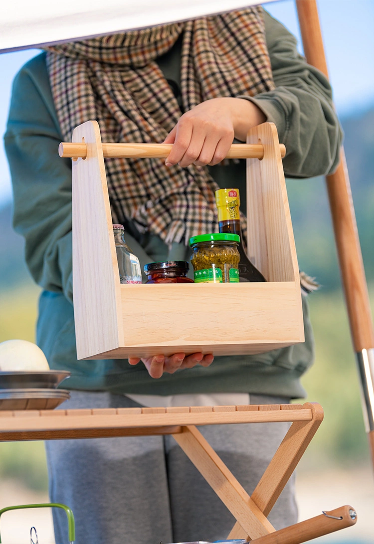 Outdoor Portable Food Box Solid Wood Kitchen Seasoning Storage Rack Camping Picnic Basket