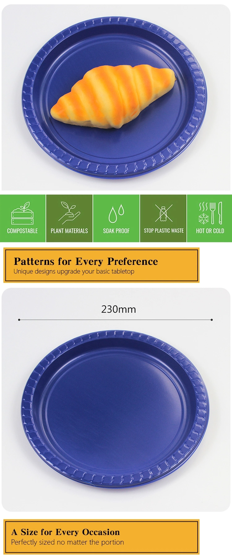 Hot Sale Wholesale Plastic Disposable Food Grade Dark Blue PS Customize Colorful Size Round Plate for Dinner