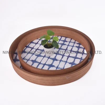Деревянная посуда, круглые квадратные подносы для кофе с ручкой, набор из 2 деревянных подносов