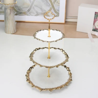 RP019 Роскошные наборы керамических тарелок для отелей, свадебная декоративная подставка для торта с золотой оправой, белый 3-х уровневый сервировочный поднос
