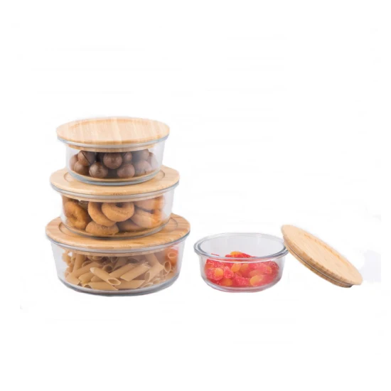 Круглая стеклянная коробка для хранения пищевых продуктов/контейнер для пищевых продуктов/коробка для обеда с бамбуковой крышкой